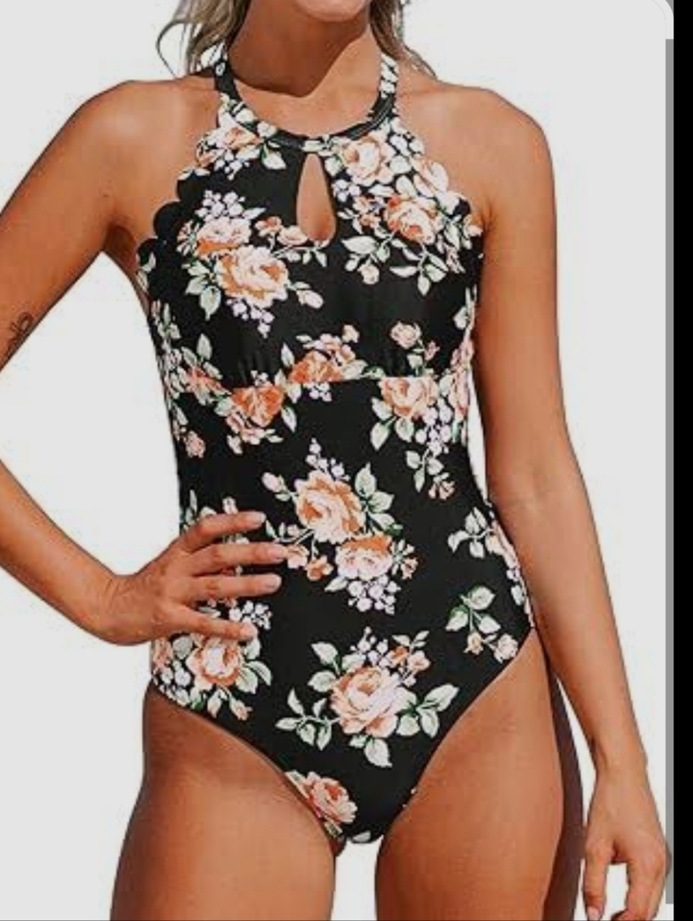 Floral Keyhole Halter One-Piece Swimsuit - Black with Peach Roses Scallop Trim
